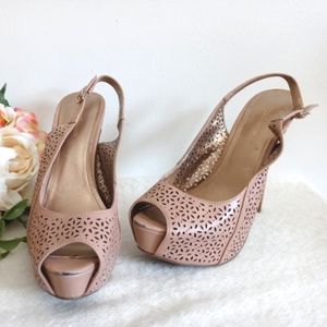 BCBGeneration Pumps Peep toe Strappy Heel.  BCBG Stiletto High Heels.  Peep Toe